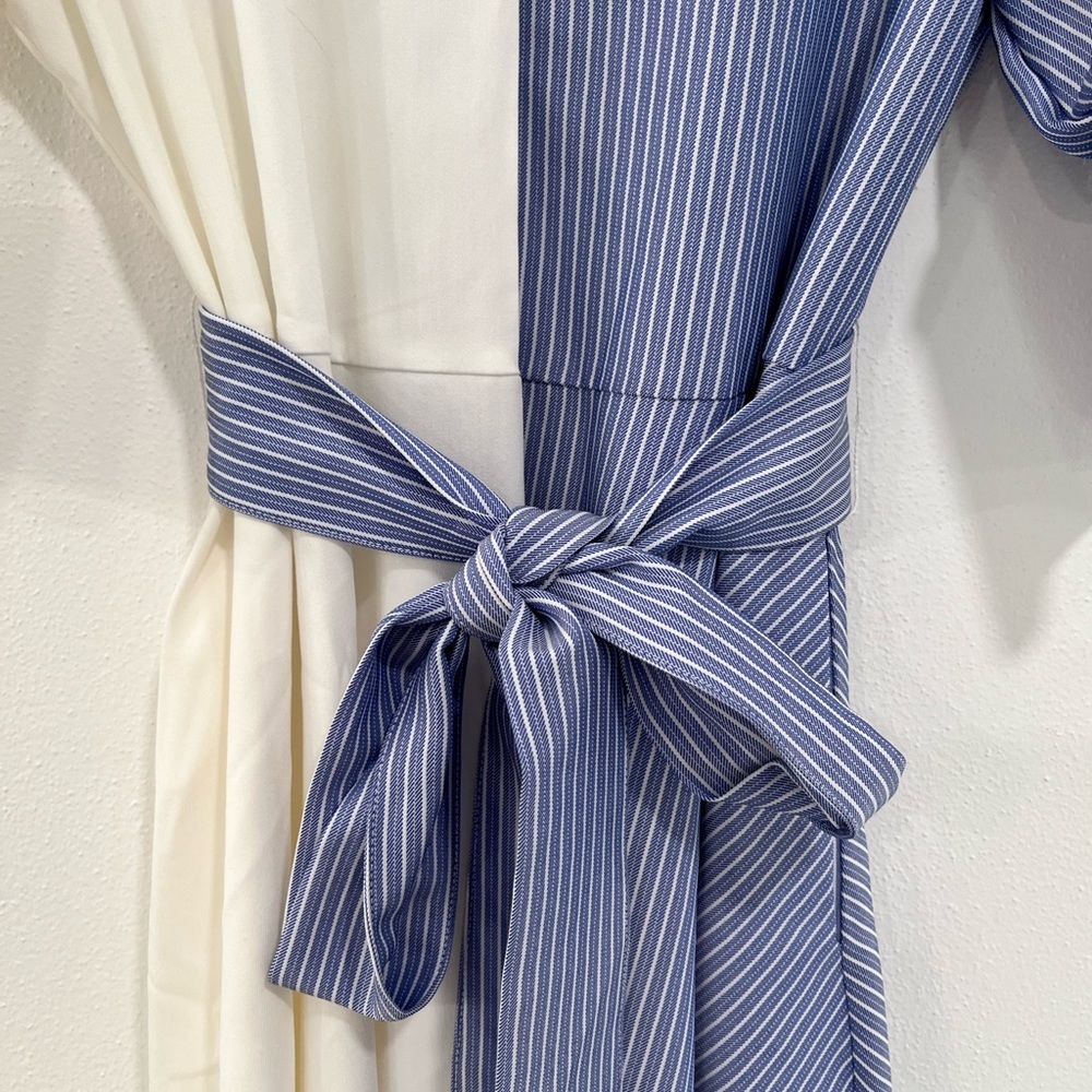 I:NA blue & white colorblock striped asymmetrical hem tie waist shirt dress NWT - Picture 8 of 16